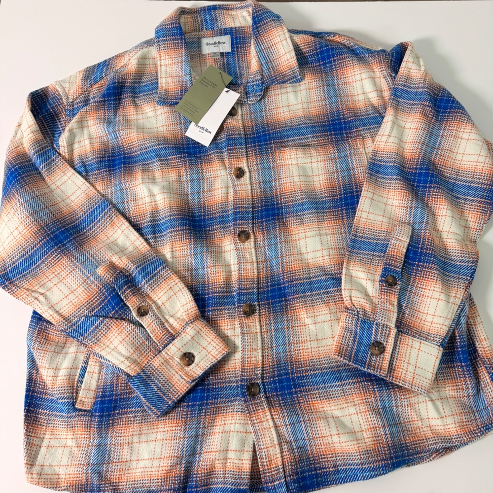 Goodfellow & Co Mens XL Heavyweight Flannel Shirt Jacket Blue Orange Plaid NWT
